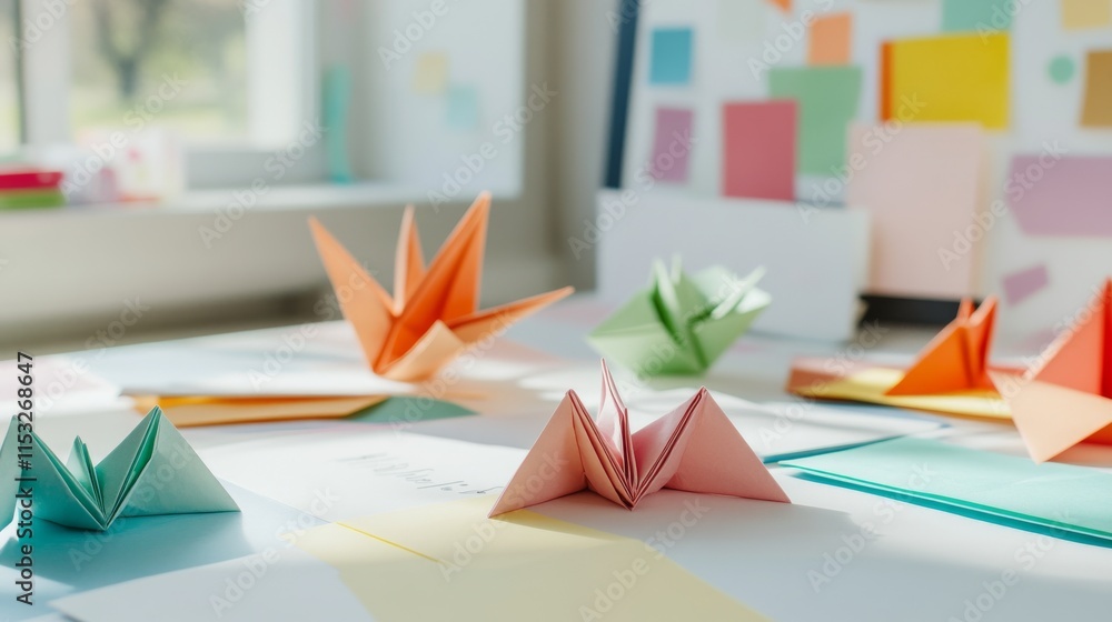 Poster a serene origami workspace with colorful paper and folding instructions neatly arranged on a clean t