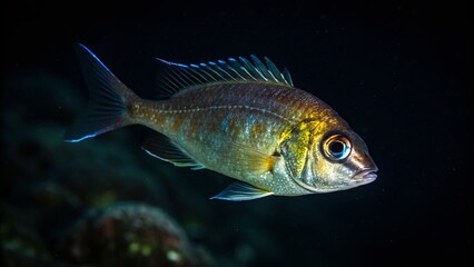 Fototapeta premium Nighttime Aquatic Portrait: Isolated Small Fish, Underwater Macro Photography