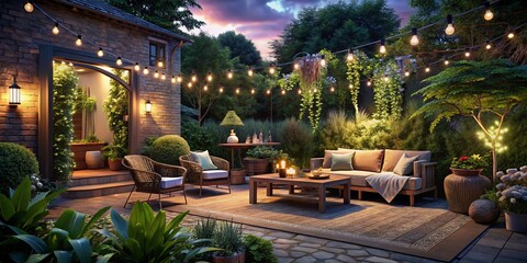 Nighttime Back Garden Patio - Serene Outdoor Space, Relaxing Ambiance