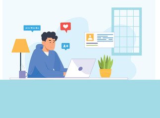 An illustration of engaging social media management, showing a person managing multiple social media platforms on a laptop and smartphone.