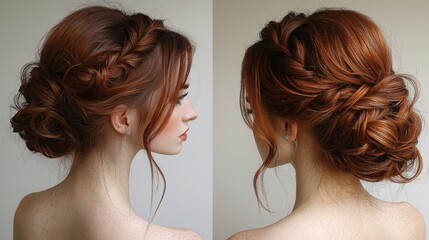 A beautiful woman with long, auburn hair styled in an intricate updo, showcasing her fair complexion and delicate features against a plain background.
