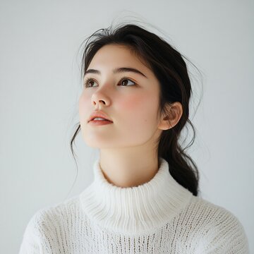 Asia Girl in a white sweater on a white background

