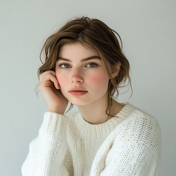 woman in a white sweater on a white background
