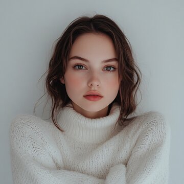 woman in a white sweater on a grey background
