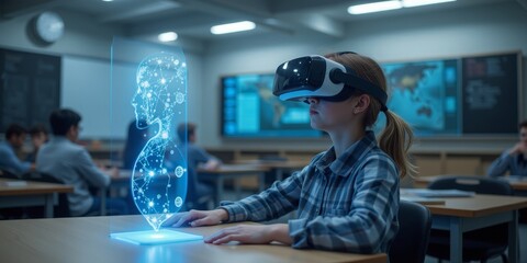 Student Using VR Headset for AI Technology and Machine Learning in Innovative Classroom