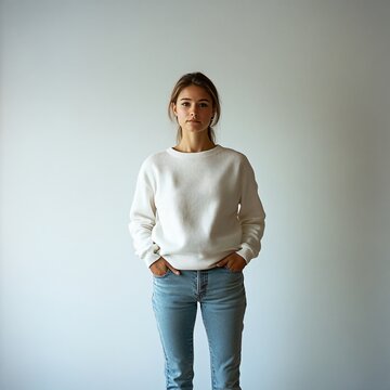 girl in a white sweater and blue jeans with white background
