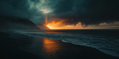Dramatic golden sunset breaking through dark storm clouds over a beach.