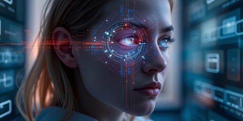 Futuristic Woman with Biometric Eye Technology for Enhanced Vision and Security