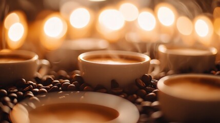 Fototapeta premium Coffee cups surrounded by blurred coffee beans create a warm and inviting atmosphere. This scene of coffee cups with blurred coffee beans captures the essence of coffee culture beautifully.