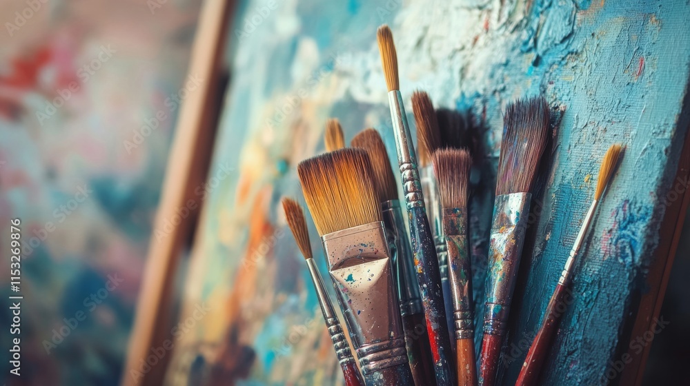 Aufkleber a serene painting session in a countryside art studio, paintbrushes and canvases arranged for artist