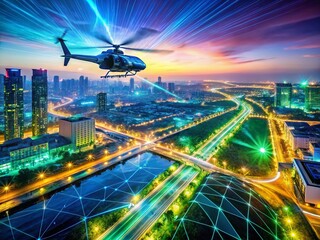 Obraz premium Night Vision Helicopter Drone Tracking Panoramic 4K Stock Photo