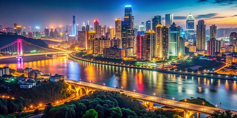 Obraz premium Night View of Chongqing Skyline, Illuminated Buildings & Cityscape, China