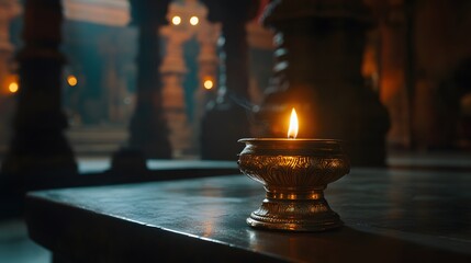 Close-up of a traditional Indian brass lamp glowing softly in a dimly lit temple, in 4K resolution