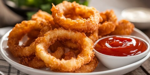 Crunchy fried onion rings paired with tangy ketchup create a delicious snack. This image highlights crunchy fried onion rings as the perfect crispy snack food for any occasion.