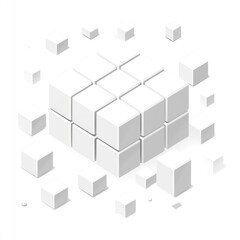 White cubes forming a larger cube, some smaller cubes are orbiting around.
