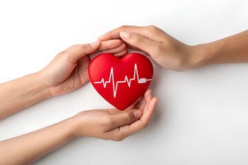 Obraz premium Close up - Hands holding Red heart, valentine day, world heart day, heart health concept, Cut out - on isolated white background