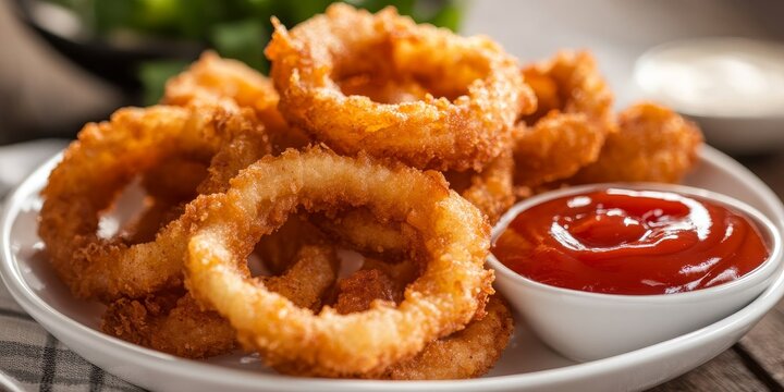 Crunchy fried onion rings paired with tangy ketchup create a delicious snack. This image highlights crunchy fried onion rings as the perfect crispy snack food for any occasion.