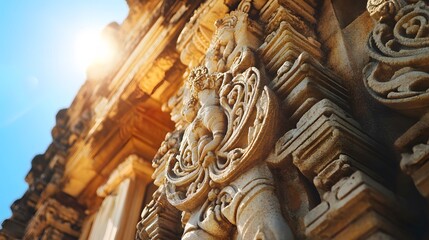 Fototapeta premium Wide angle and close-up of Pe intricate stone carvings of Pe Meenakshi Temple in Madurai, glowing under a bright blue sky, in 4K resolution