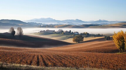 Obraz premium Tuscan Hills Vineyard Autumn Mist Morning