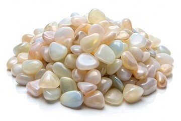 Assorted moonstone gemstones with soft pastel colors, polished to perfection, creating a luminous heap on white surface