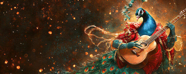 Peacock holding guitar, decked out in a festive New Year's costume.
