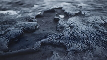 Close-up of volcanic ash patterns on a black sand plain, creating intricate natural textures, in 4K resolution
