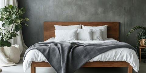 Cozy grey blanket and pillow adorn a wooden bed featuring white bedding, set against a modern bedroom interior with a chic concrete wall, enhancing the stylish atmosphere of the space.