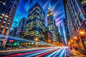 Fototapeta premium NYC Skyline Long Exposure Night Photography - Modern Architecture and City Lights