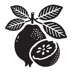 Guava Silhouette Vector Illustration, Solid White Background.