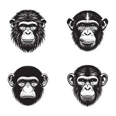 4 Set of Black Chimpanzee Face Silhouettes Isolated on White Background