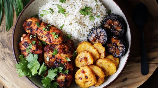 Tropical Delight: Caribbean-Inspired Lunch with Jerk Chicken, Coconut Rice, and Fried Plantains in an Island-Themed Setup