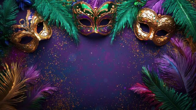 Elegant Mardi Gras masks adorned with glitter, surrounded by vibrant purple, gold, and green feathers, creating a festive and luxurious atmosphere. Perfect for themes of celebration, carnival