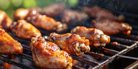 Delicious chicken wings sizzling on a barbecue grill in an outdoor setting. Closeup of roasted chicken wings showcases the irresistible appeal of perfectly cooked chicken meat.
