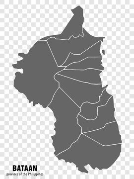 Blank map Bataan of Philippines. High quality map Province of Bataan with districts on transparent background for your web site design, logo, app, UI.  Republic of the Philippines.  EPS10.