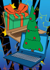 Cartoon Laptop, comic book Notebook with Gift Box and Christmas decorated pine tree. Retro vector comics pop art design.
