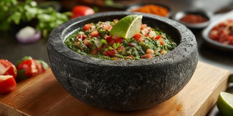 Molcajete is a traditional version of a mortar and pestle crafted from volcanic stone. The molcajete is essential for preparing authentic Mexican sauces and various other delectable dishes.