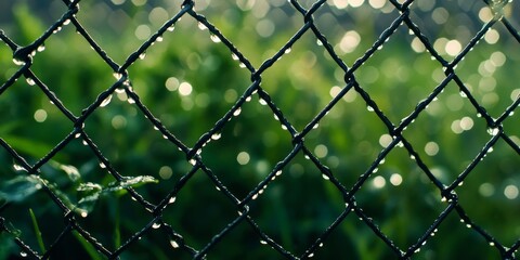 Fototapeta premium A chain link fence glistens with droplets after the rain, showcasing the beauty of a chain link fence in a fresh, wet environment. Perfect for illustrating the charm of chain link fences in nature.