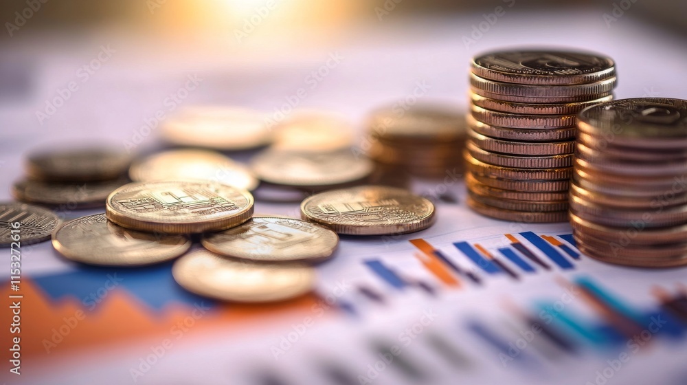 Poster coins are stacked and scattered on a financial document featuring graphs, creating a dynamic visual 