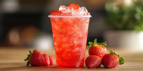 Refreshing strawberry iced soda served in a clear plastic cup, showcasing vibrant color and enticing flavor. This strawberry iced soda is perfect for a hot day and delightful to enjoy.