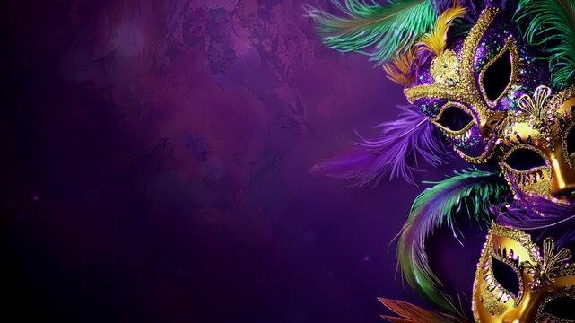 Mardi Gras masks with glitter and colorful feathers against a textured purple background. Perfect background with copy space for themes of celebration, carnival, luxury, and cultural traditions.