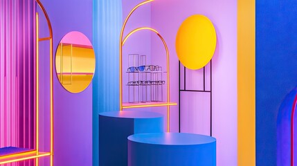 Colorful Retail Display with Vibrant Neon Lights and Shapes