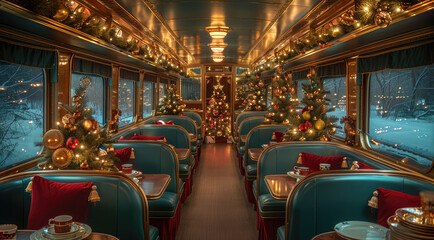 Obraz premium A luxurious vintage train dining car interior with teal upholstered booths and tables. and the windows are adorned with burgundy curtains. decorated with Christmas-themed decor.
