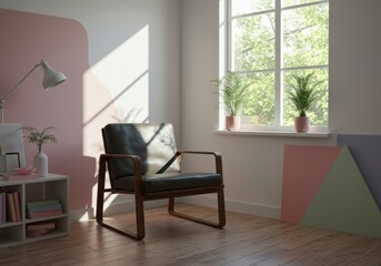 Fototapeta premium Living Room Interior With Sofa, Wicker Armchair, Cactus Plant And Coffee Table