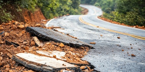 Close up of a destroyed roadside along a road following a landslide, showcasing the impact and debris resulting from the landslide on the country road infrastructure.
