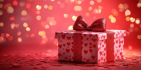 Gift box adorned with hearts serves as a perfect decor for love, making it an ideal Valentine s Day present that radiates joy and affection against a shimmering background.