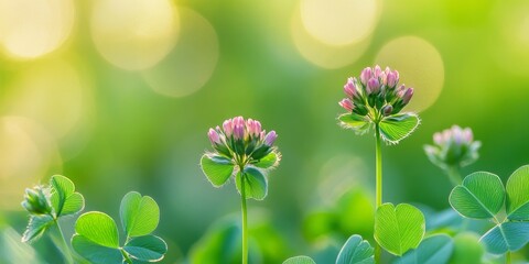 Macro close up of a clover plant, showcasing the intricate details of the clover against a softly blurred green background, emphasizing the beauty of the clover in this natural setting.