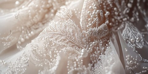 Stunning close up of a beautiful wedding dress, showcasing intricate details and elegant design. This beautiful wedding dress captures the essence of romance and sophistication in fashion.