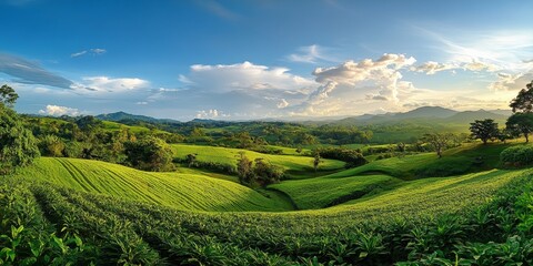 Fototapeta premium A panoramic view of a lush green field showcases the vibrant greenery and natural beauty of the landscape, highlighting the serenity found in this picturesque green field setting.