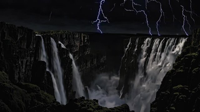Victoria Falls Night Scene with Power Lines, Dramatic Lighting on Lush Landscape, Promotional Use