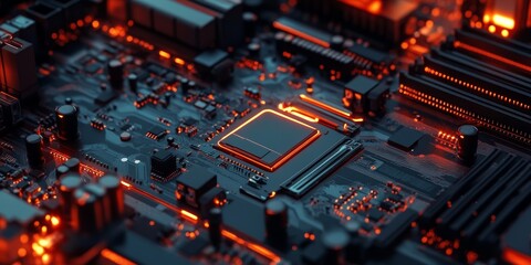 Obraz premium Computer motherboard featuring an advanced processor, highlighting the intricate details of digital science and technology. This image showcases the essential components of modern technology.